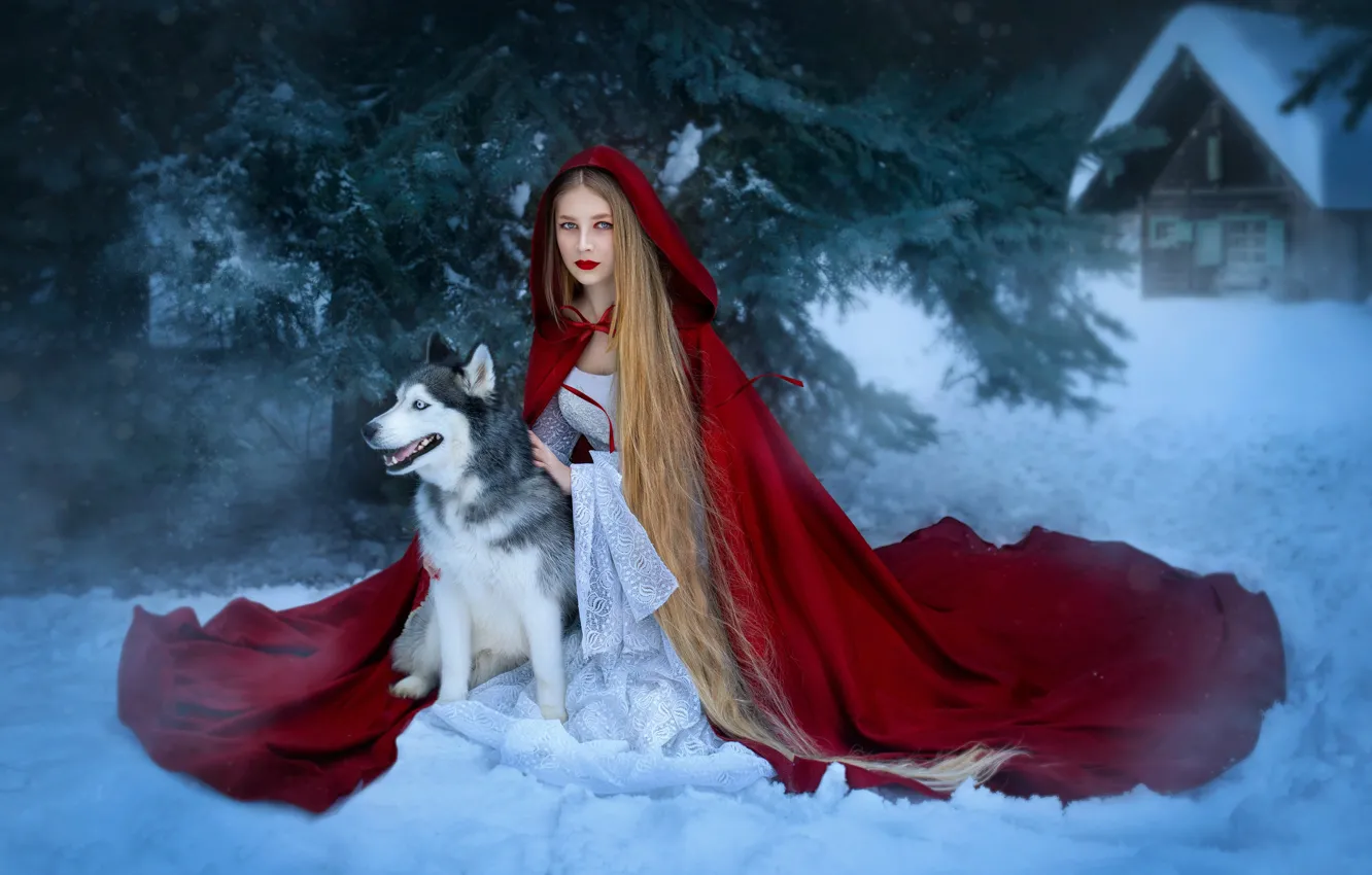 Photo wallpaper winter, forest, girl, snow, dog, makeup, outfit, image