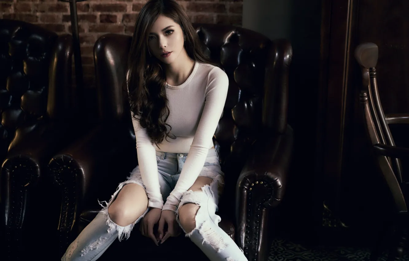 Photo wallpaper pose, style, Asian, beautiful girl, ripped jeans, sitting in a chair