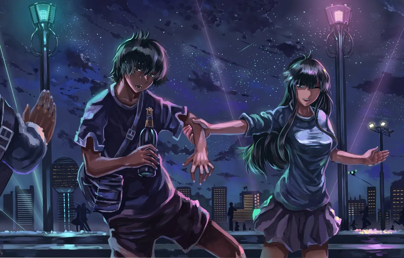 Photo wallpaper the sky, girl, stars, night, the city, people, bottle, home