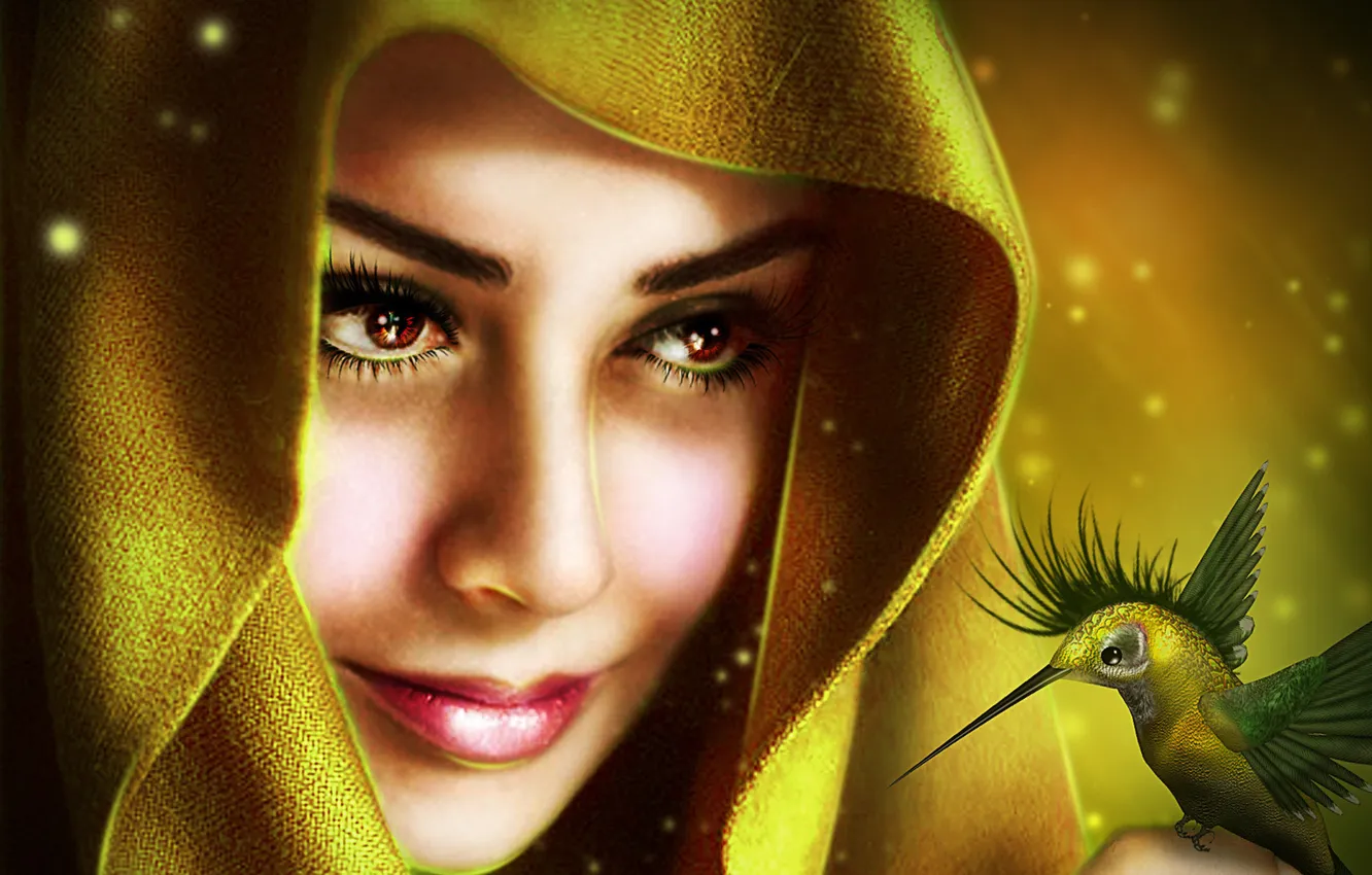 Photo wallpaper eyes, look, girl, face, smile, magic, wings, beak