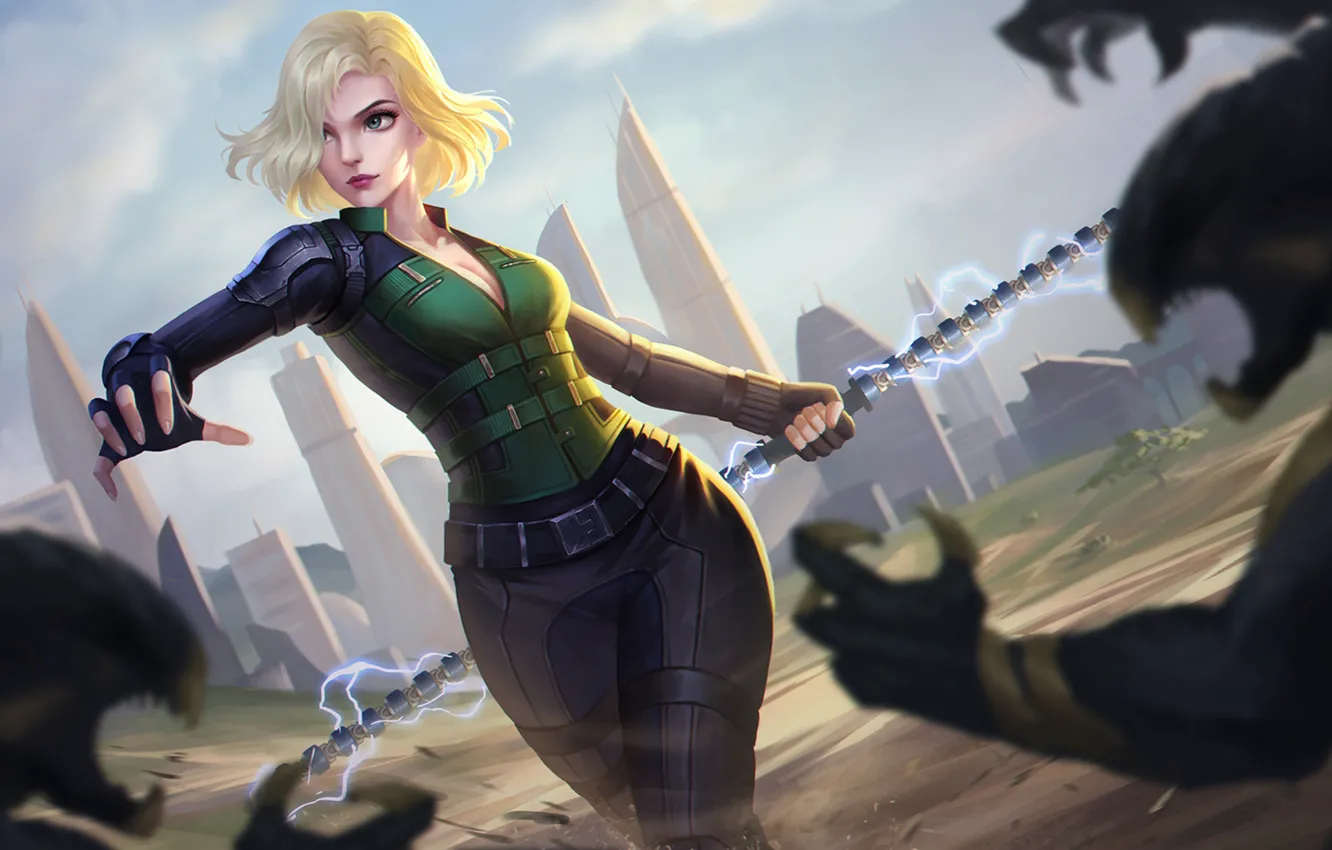 Photo wallpaper Figure, The city, Blonde, Girl, Hair, Electricity, Costume, Fight