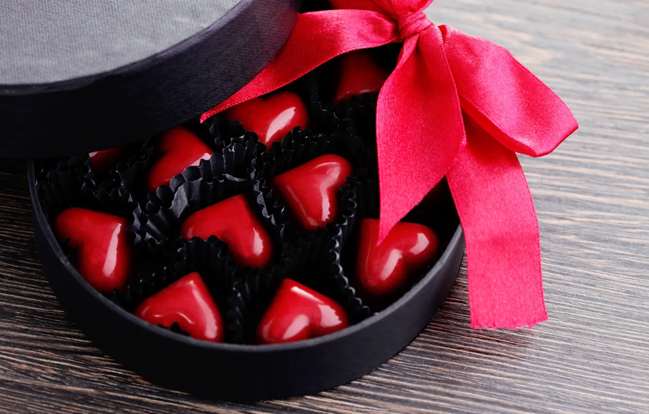 Photo wallpaper red, box, candy, hearts, Valentine's day, ribbon, bokeh