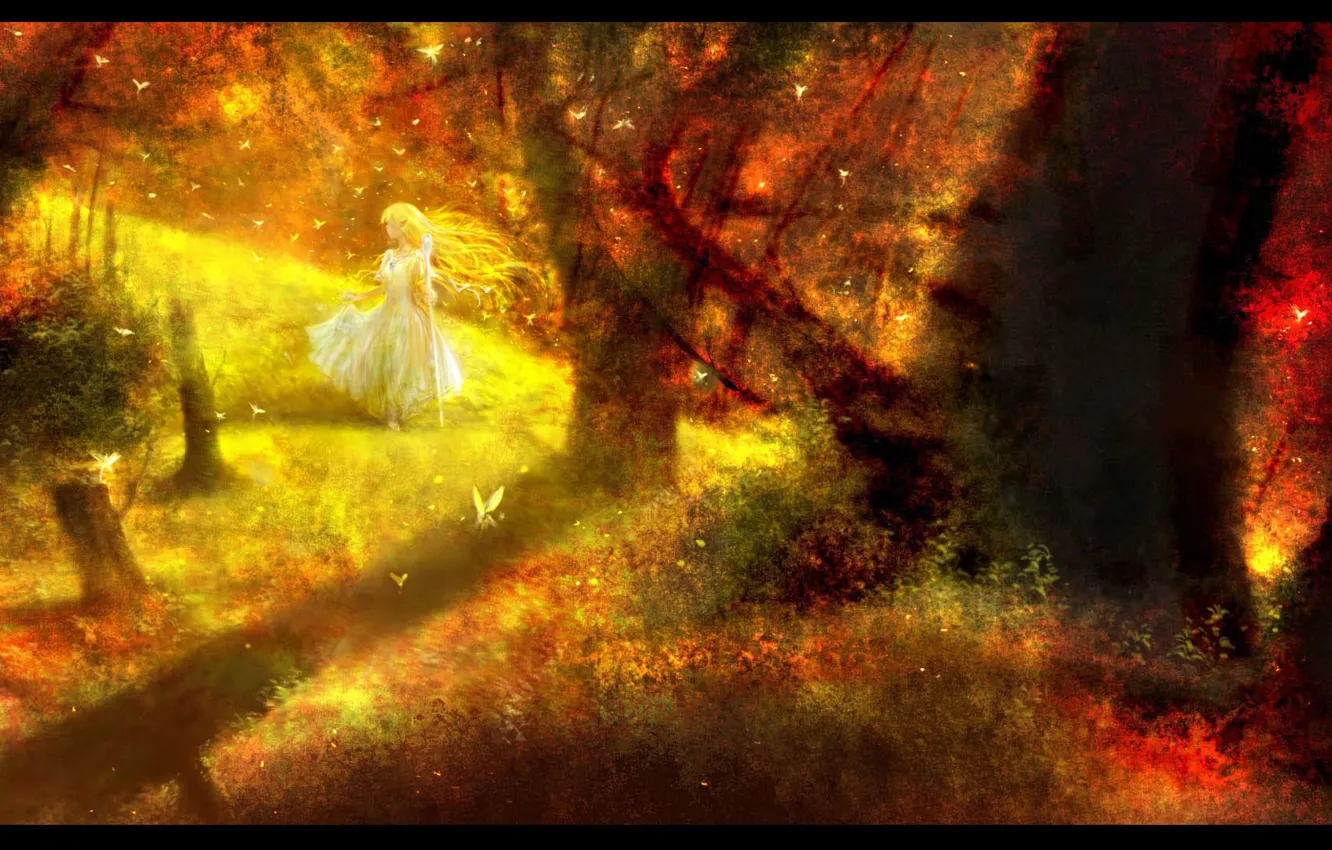 Photo wallpaper forest, the sun, butterfly, elf, fairy, staff, white dress, full