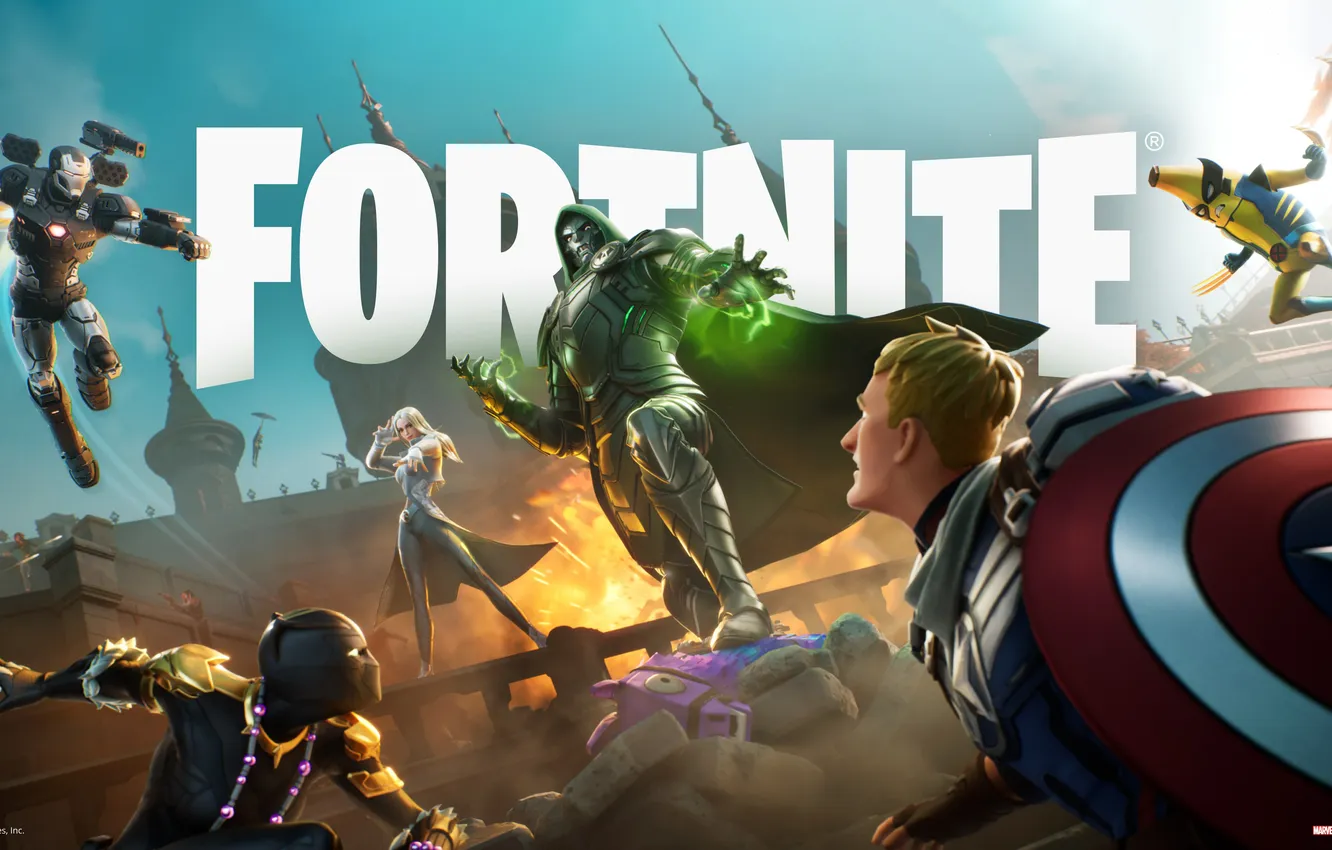 Photo wallpaper Iron Man, Captain America, War Machine, Doctor Doom, Black Panther, Fortnite, Marvel Superheroes