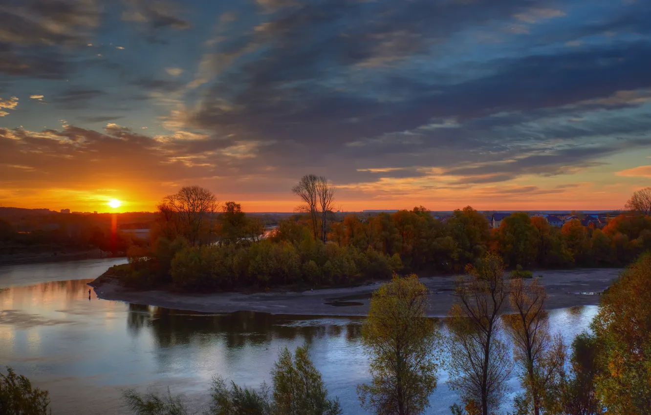 Photo wallpaper autumn, trees, sunset, river, George Ants