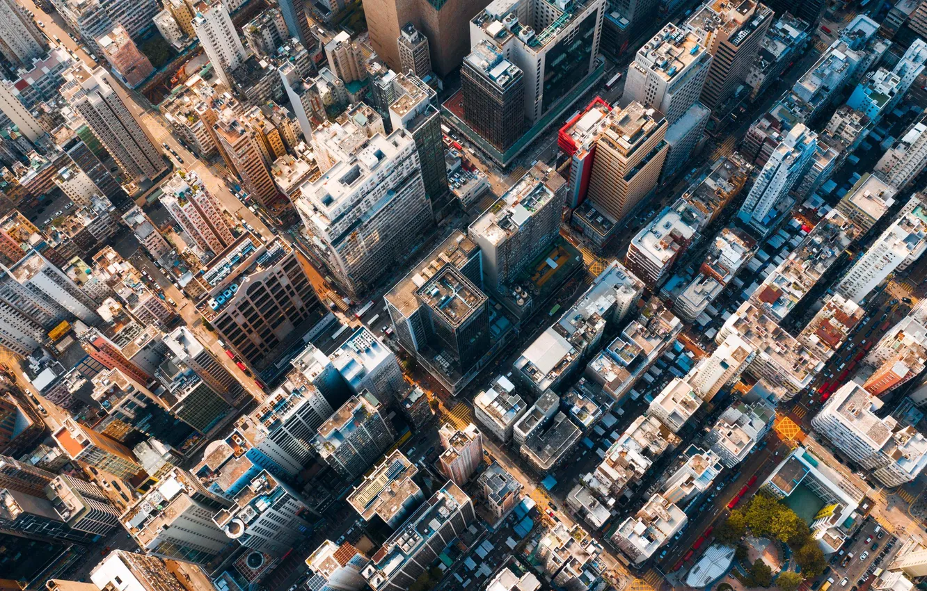 Photo wallpaper city, the city, building, megapolis, the view from the top, street, skyscrapers, streets