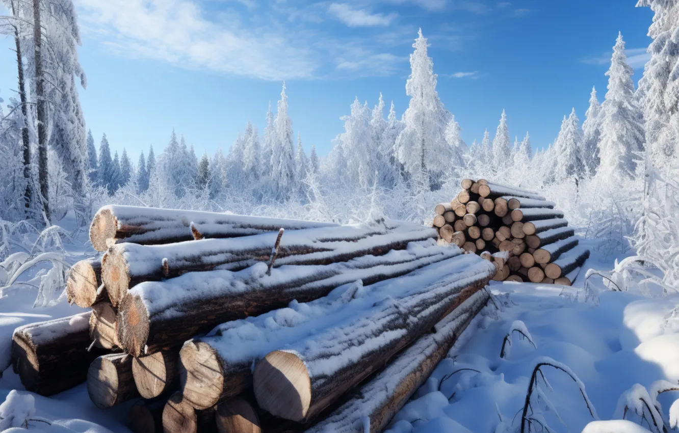 Photo wallpaper winter, forest, the sky, clouds, snow, blue, the snow, log