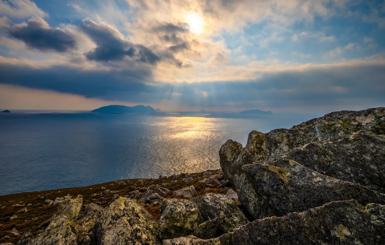 Photo wallpaper the sun, clouds, rays, coast, Ireland