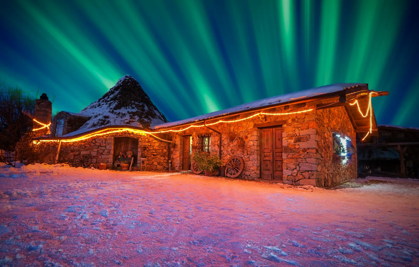 Photo wallpaper winter, the sky, snow, night, lights, Northern lights, Italy, house