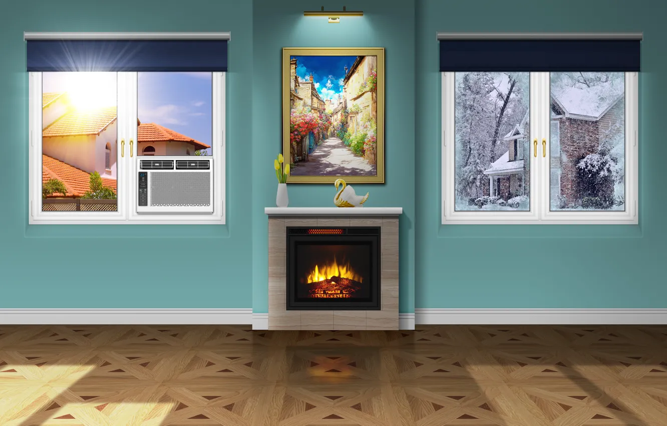 Photo wallpaper summer, winter, living room, fireplace, picture frame, air conditioner
