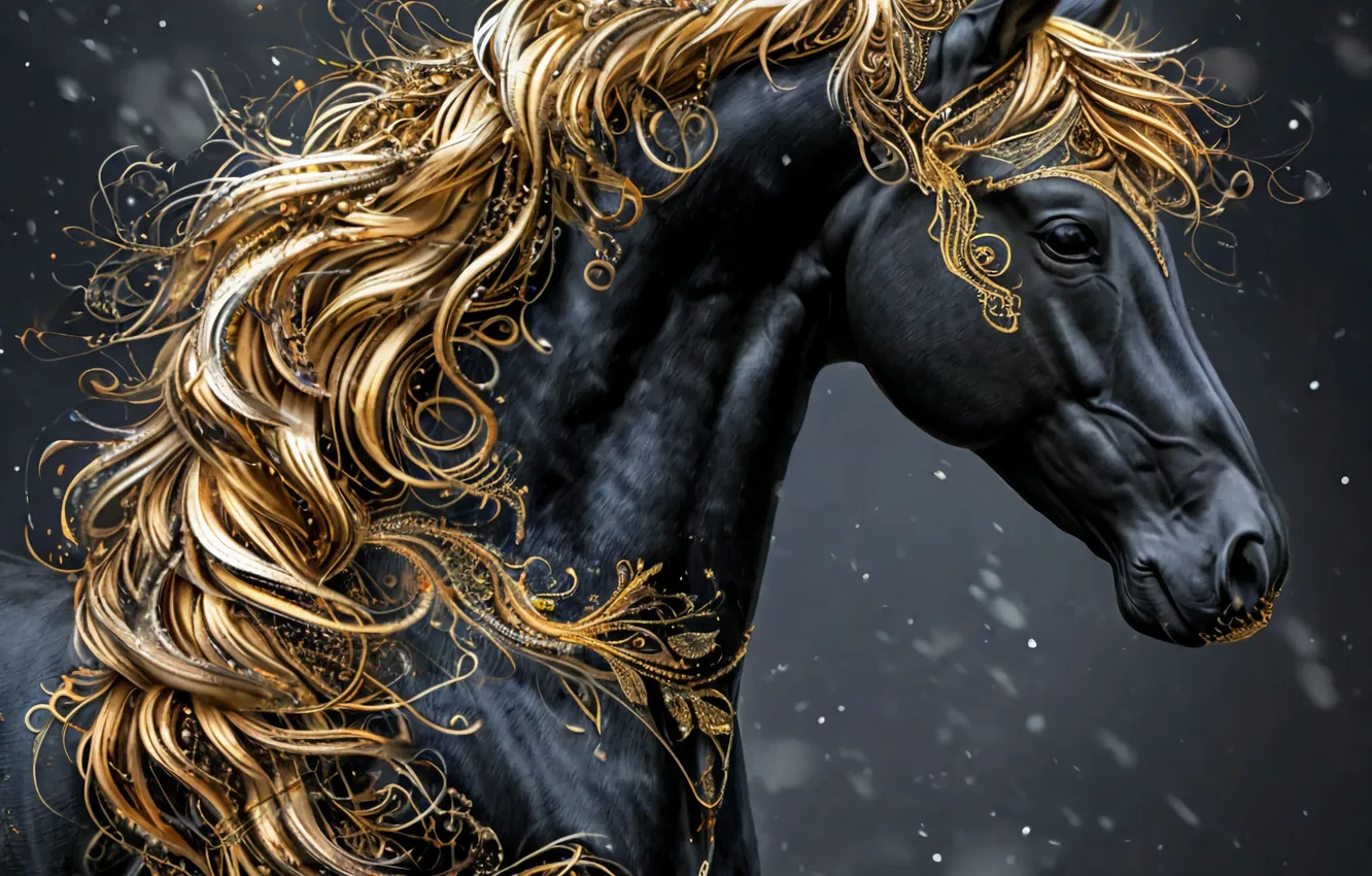 Photo wallpaper gold, black, horse, Black suit