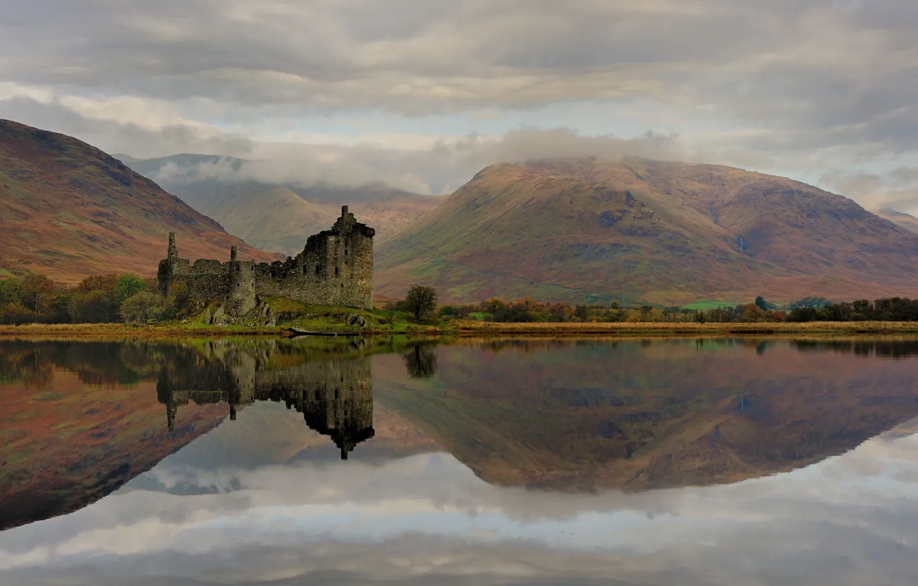 Photo wallpaper autumn, the sky, clouds, mountains, lake, reflection, castle, hills