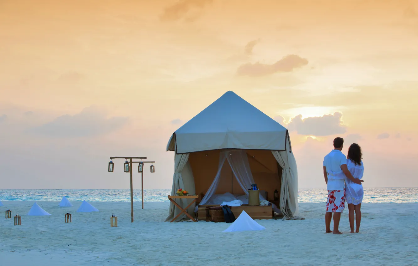 Photo wallpaper beach, the ocean, romance, tent, pair, tent, two