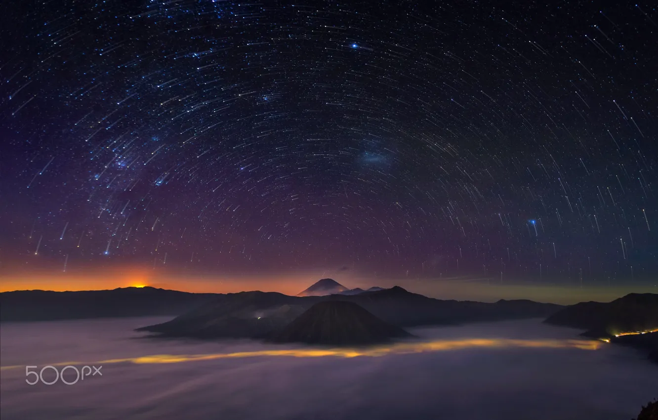 Photo wallpaper stars, night, the skeleton, Indonesia, Java, volcanic complex-the Caldera TenGer, the volcano Bromo