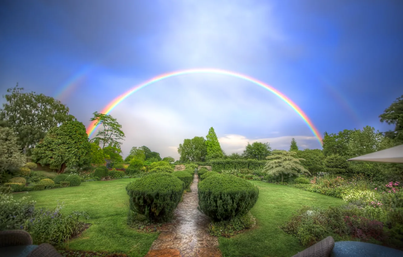 Photo wallpaper the sky, trees, Park, rainbow, track, alley, the bushes