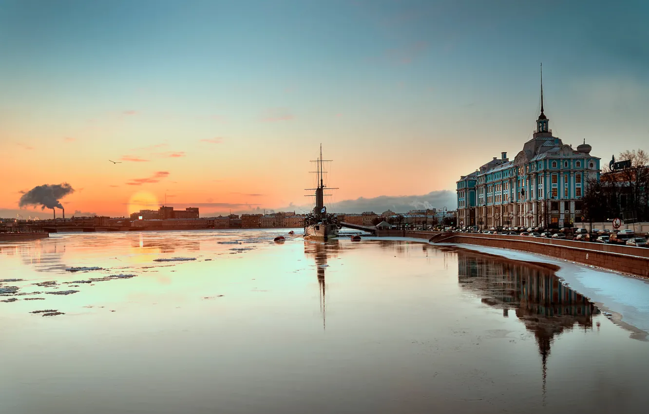 Photo wallpaper morning, Saint Petersburg, Aurora, cruiser