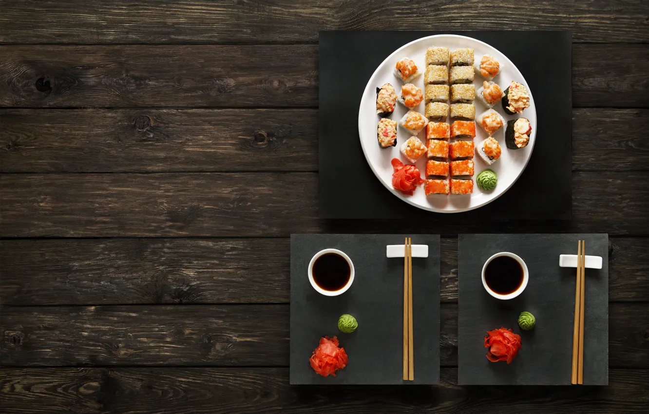 Photo wallpaper sticks, sauce, sushi, sushi, rolls, ginger, set, wasabi