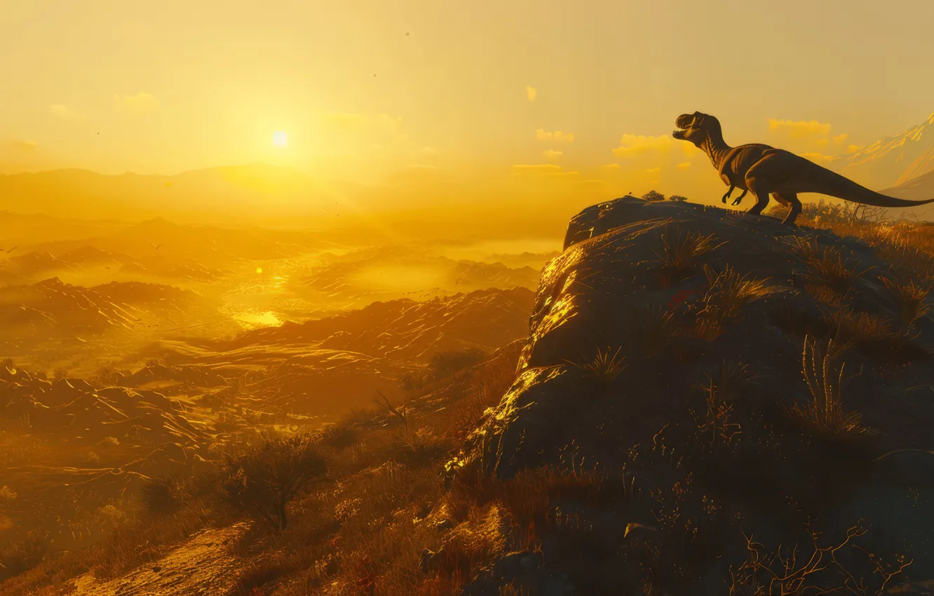Photo wallpaper the sun, mountains, animal, dawn, dinosaur, predator, Raptor, Tyrannosaurus