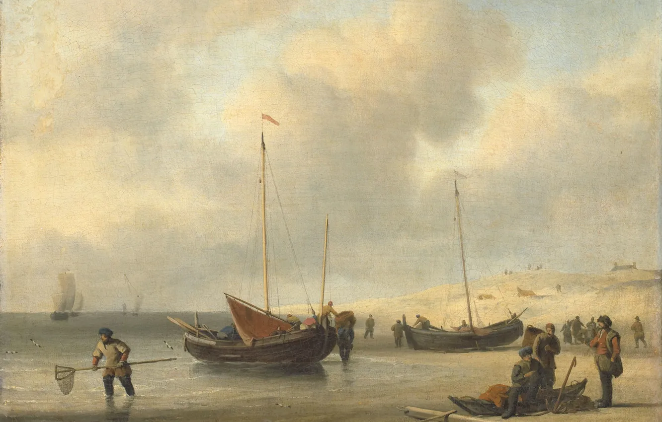 Photo wallpaper people, shore, oil, picture, canvas, Willem van de Velde the Younger, Fishing Boats on the …