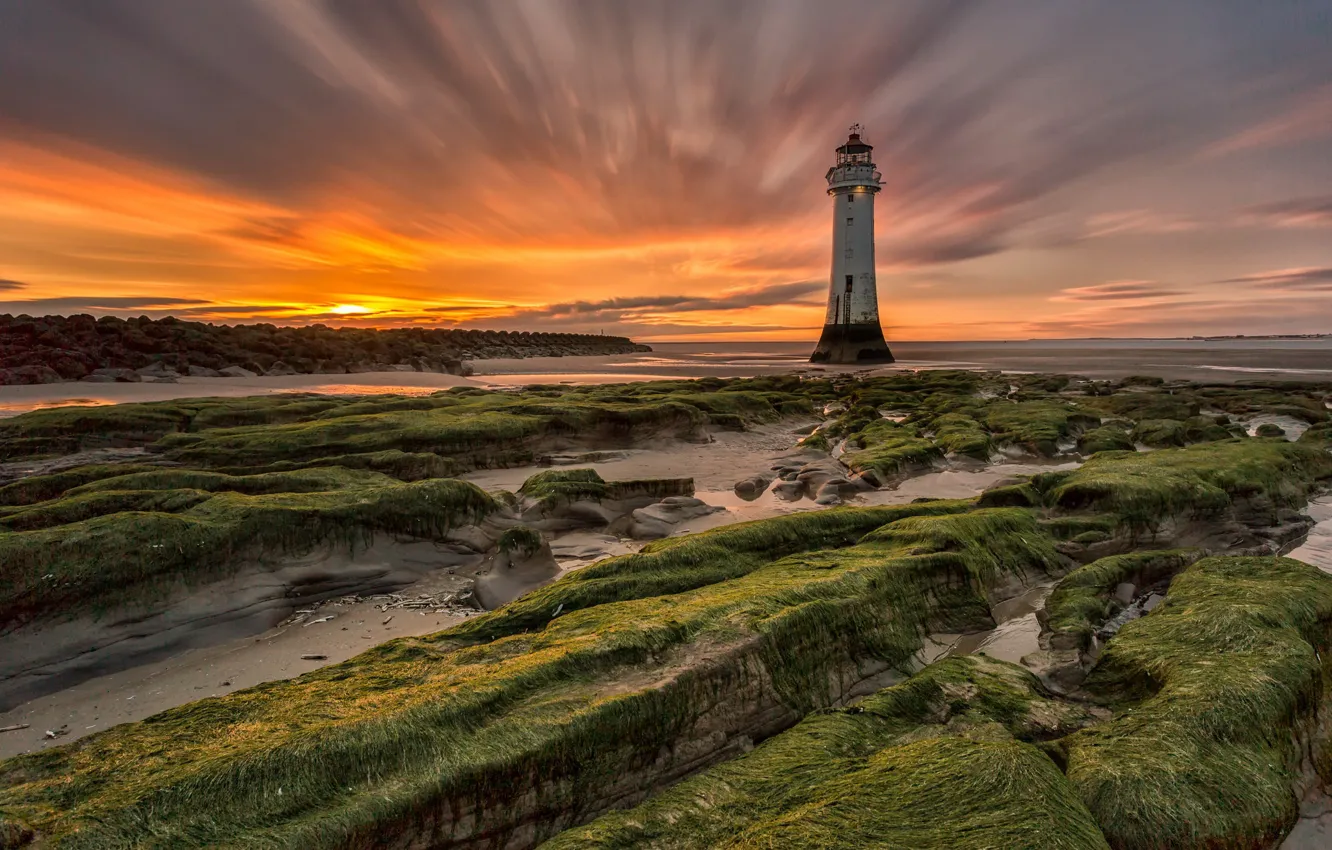 Photo wallpaper sea, sunset, shore, lighthouse