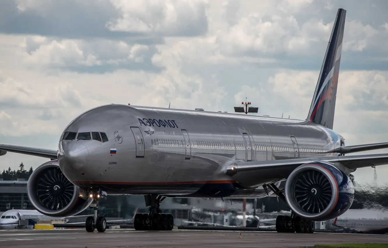 Photo wallpaper wings, turbine, airport, Boeing, the plane, Boeing, Aeroflot, passenger