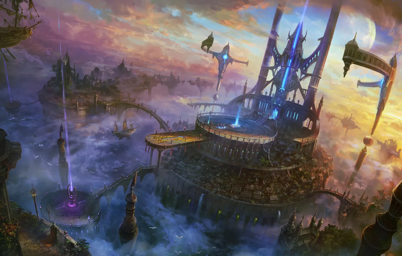 Photo wallpaper clouds, rays, bridge, the city, rocks, ship, art, flying