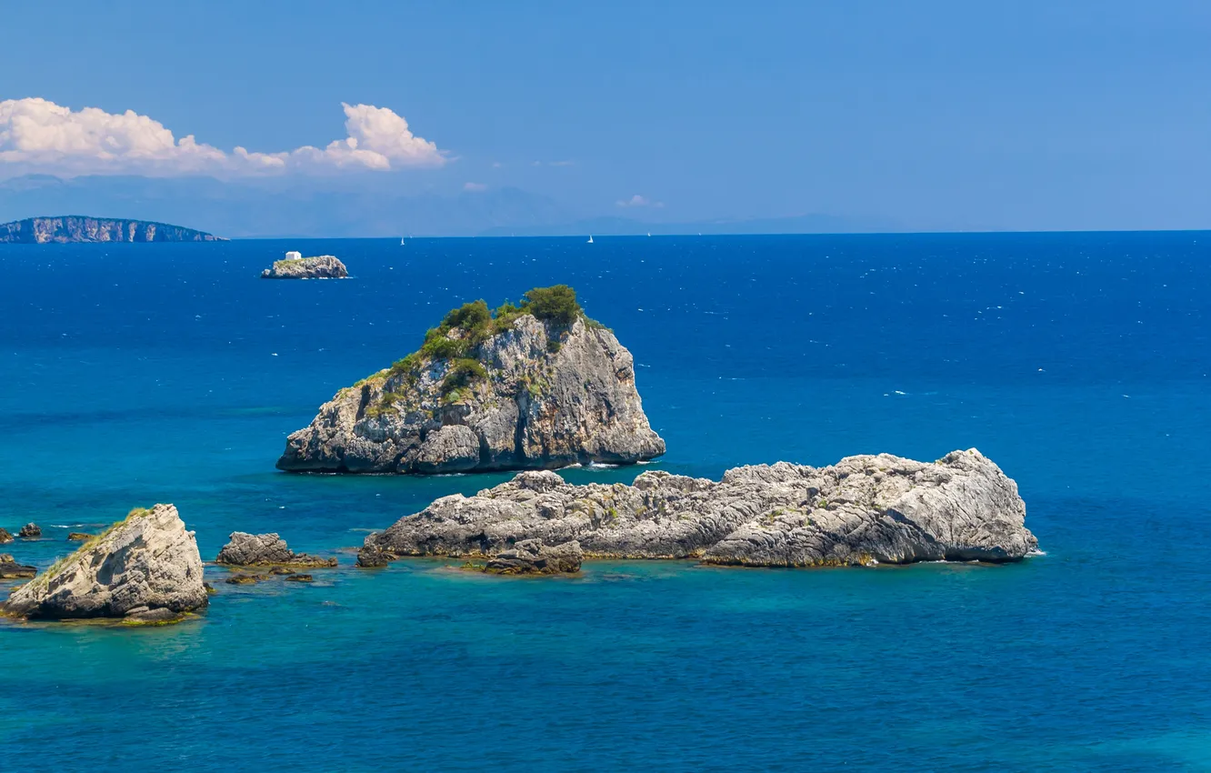 Photo wallpaper sea, the sky, stones, rocks, Greece, horizon, reef, Parga