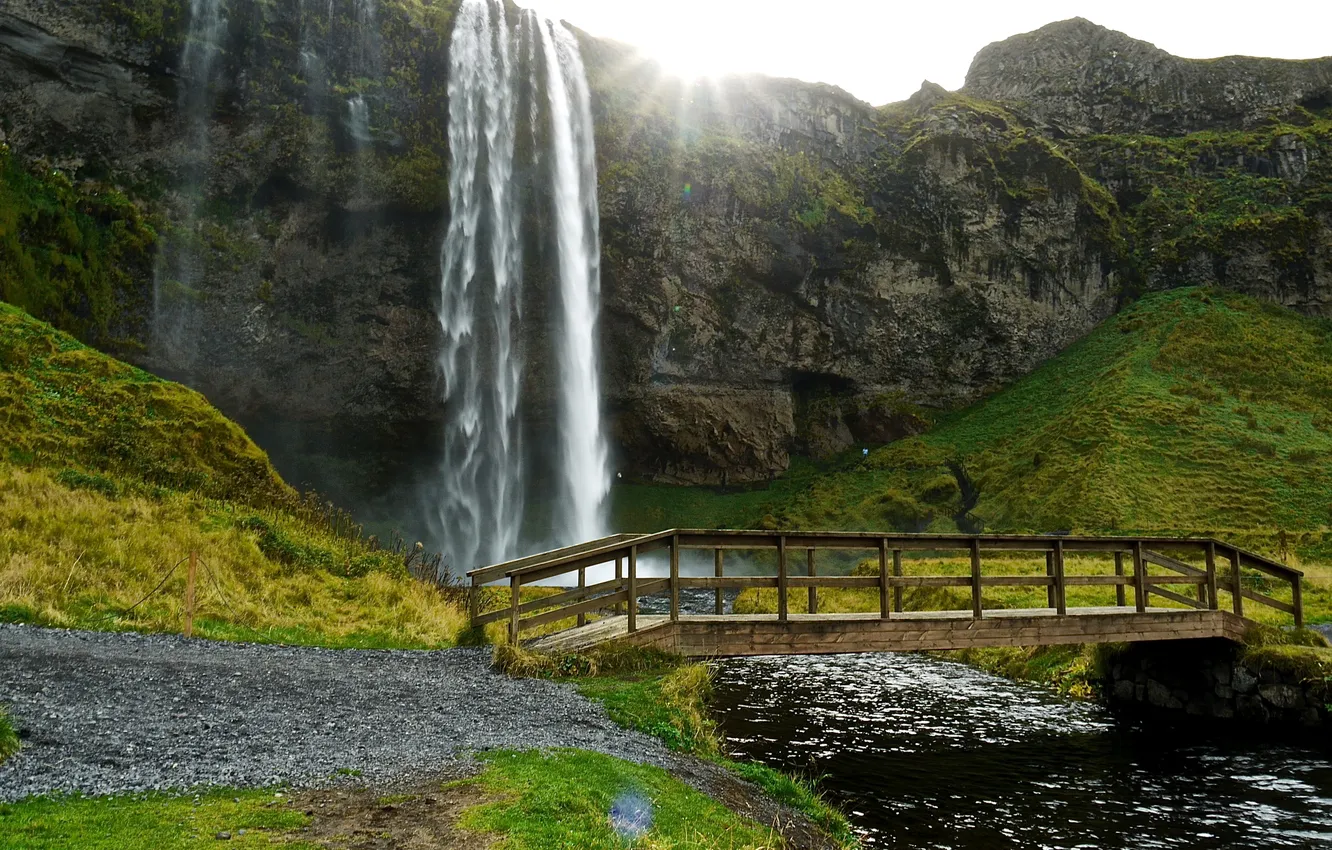 Photo wallpaper bridge, rock, stream, waterfall, Iceland, path, Seljalandsfoss waterfall