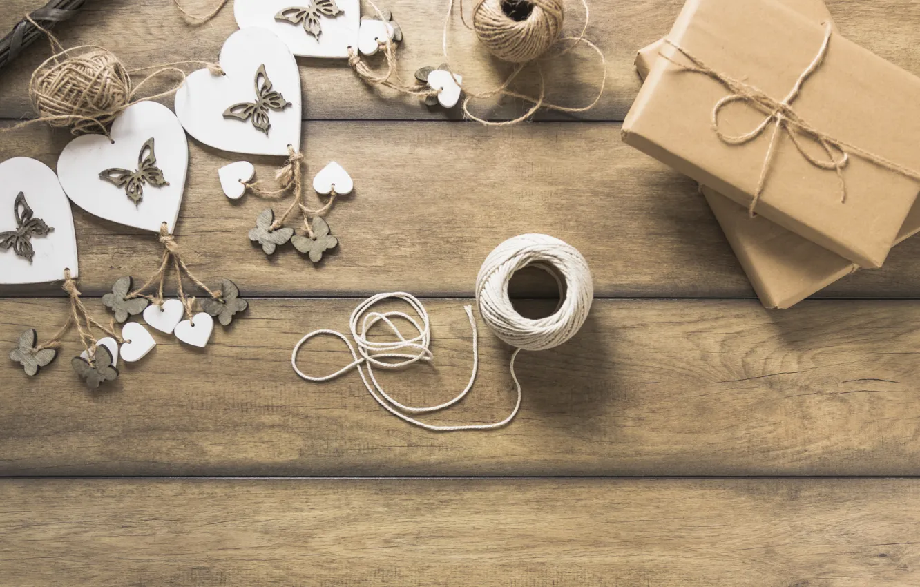 Photo wallpaper gift, hearts, thread, heart, wood, decor, decorative, boxes