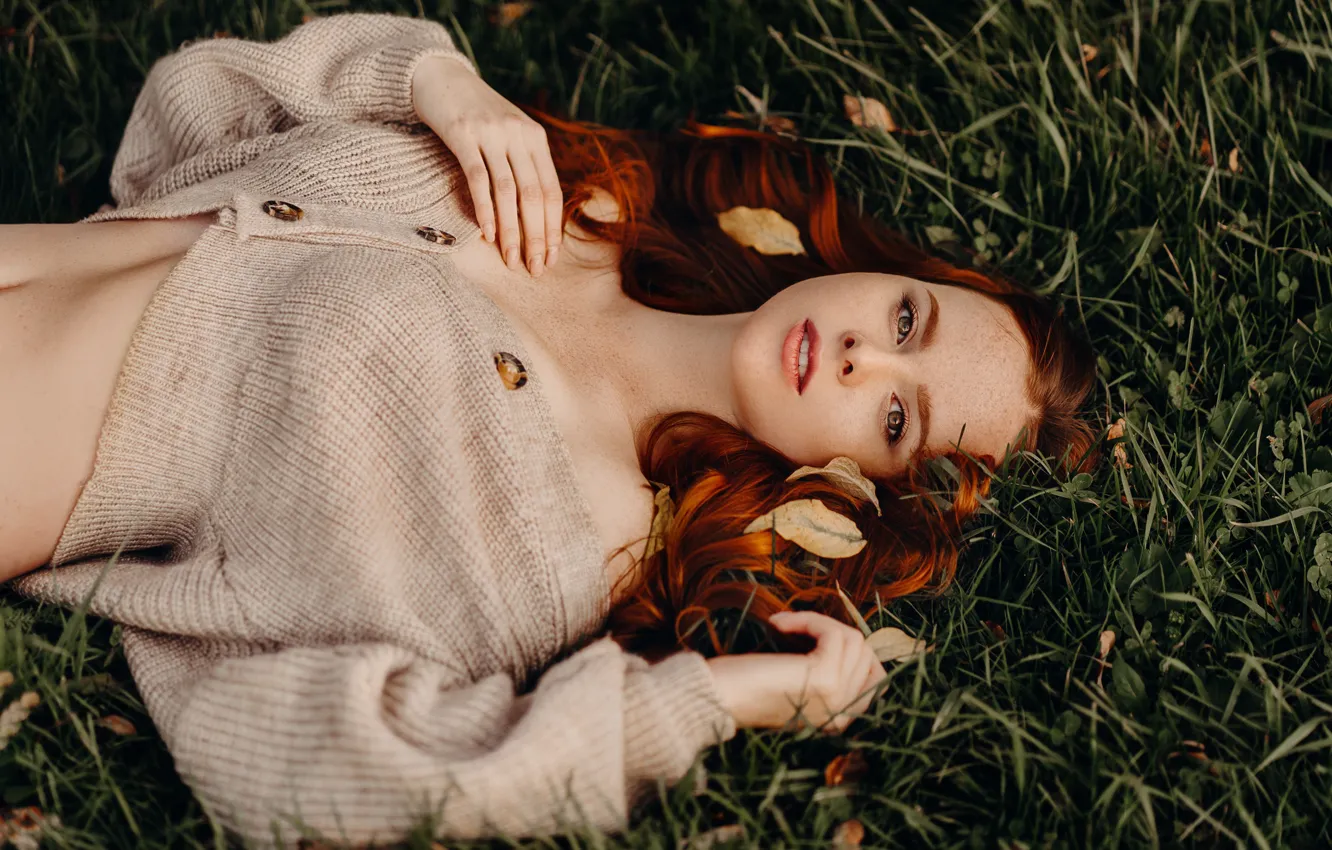 Photo wallpaper grass, look, girl, face, pose, red, jacket, redhead