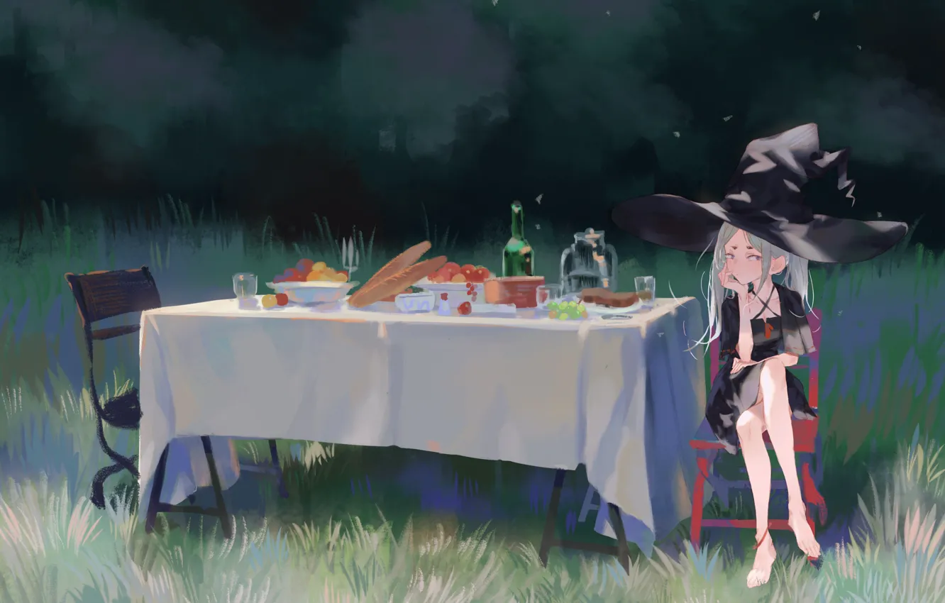 Photo wallpaper girl, nature, table, food, witch