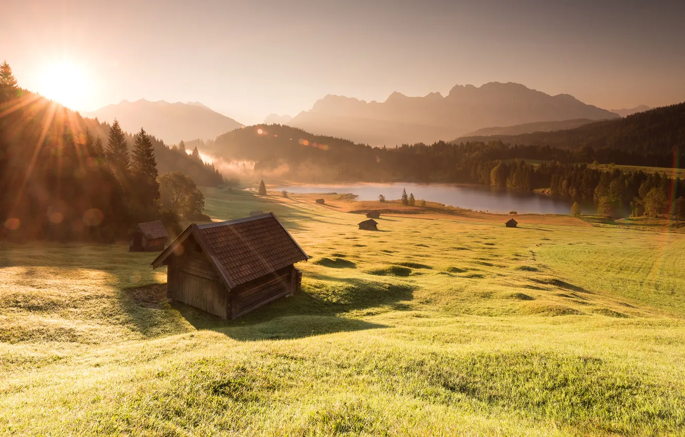Photo wallpaper field, forest, the sky, grass, the sun, rays, mountains, fog