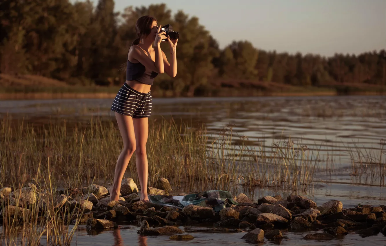 Photo wallpaper forest, sky, hot girl, trees, nature, sunset, camera, rocks