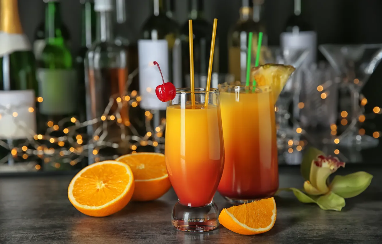 Photo wallpaper cherry, orange, alcohol, cocktail, pineapple, Orchid