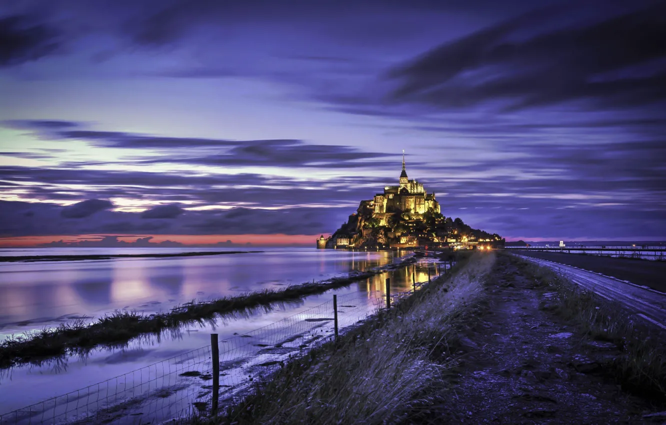 Photo wallpaper road, clouds, France, fence, the monastery, Mont-Saint-Michel, Abbey, Manche