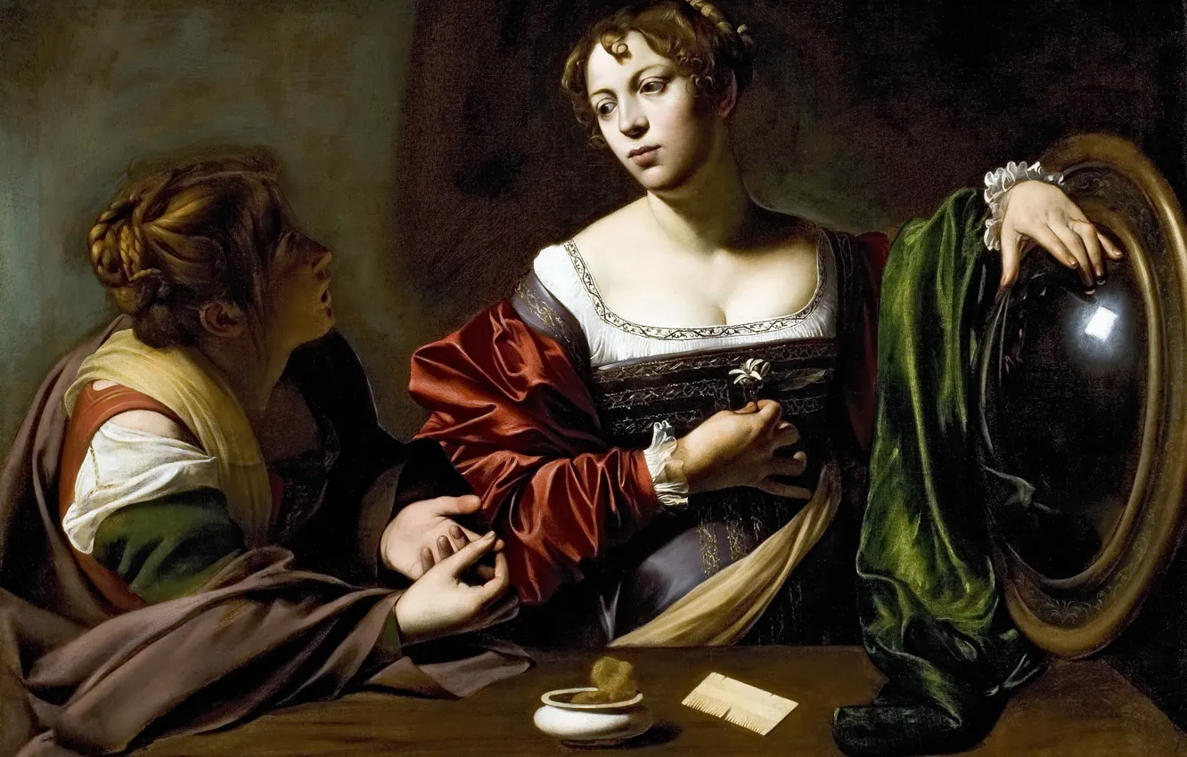 Photo wallpaper girls, picture, mythology, Michelangelo Merisi da Caravaggio, Martha and Mary Magdalene