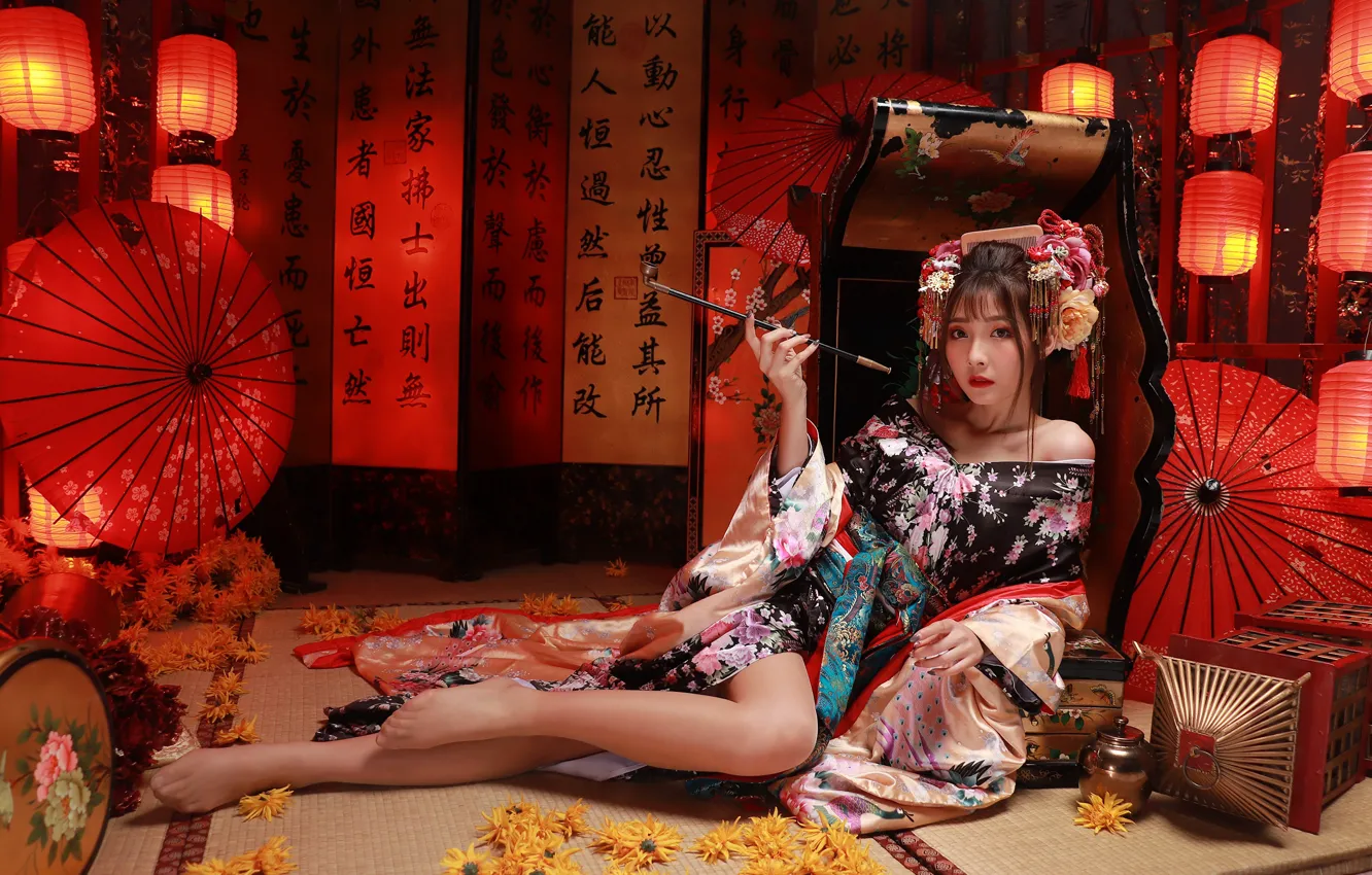 Photo wallpaper look, pose, style, model, portrait, interior, tube, umbrella