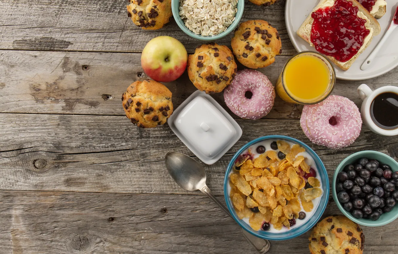 Photo wallpaper apples, Breakfast, Donuts, muesli, sandwiches