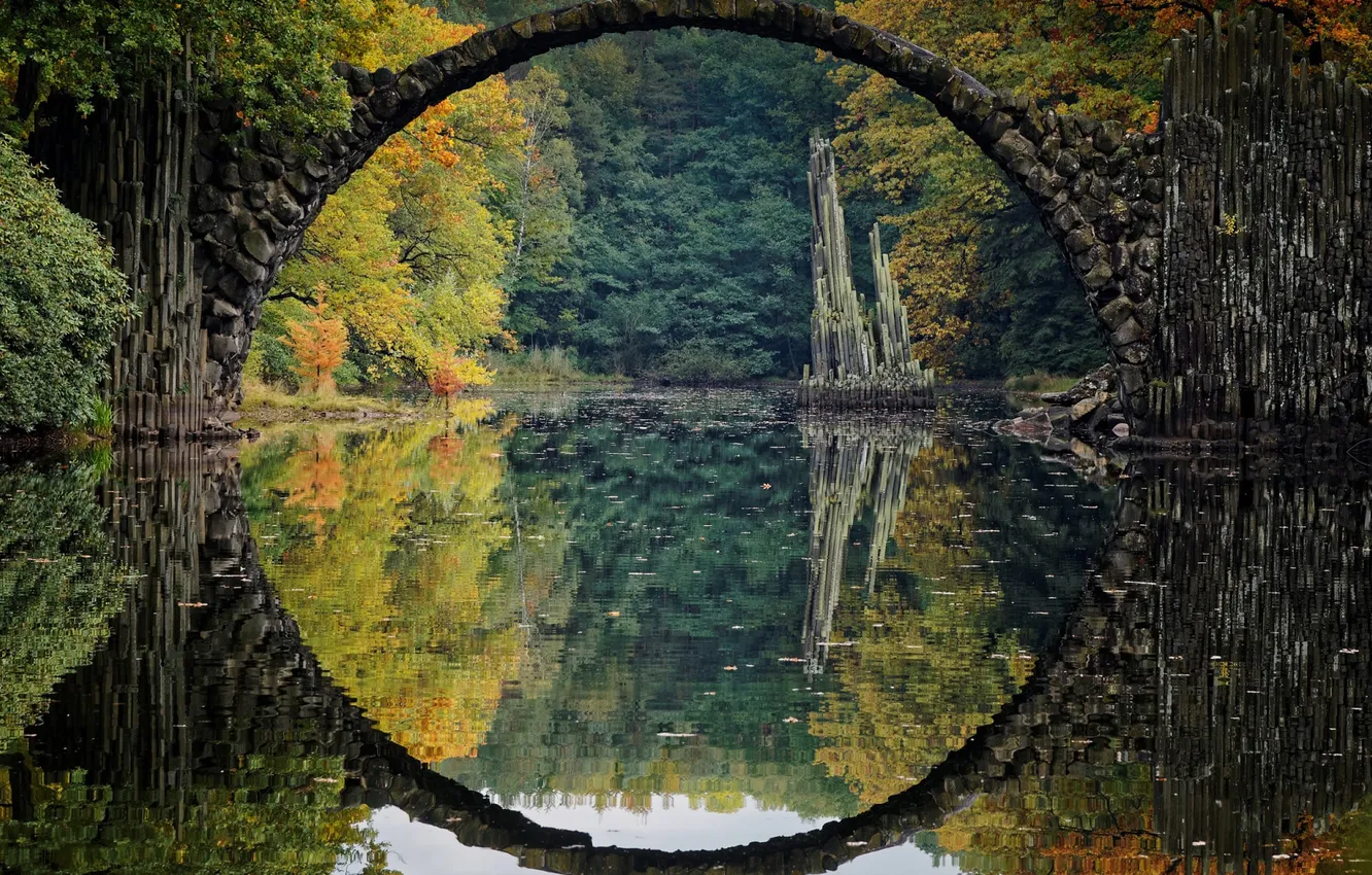 Photo wallpaper autumn, forest, trees, landscape, bridge, nature, lake, rocks