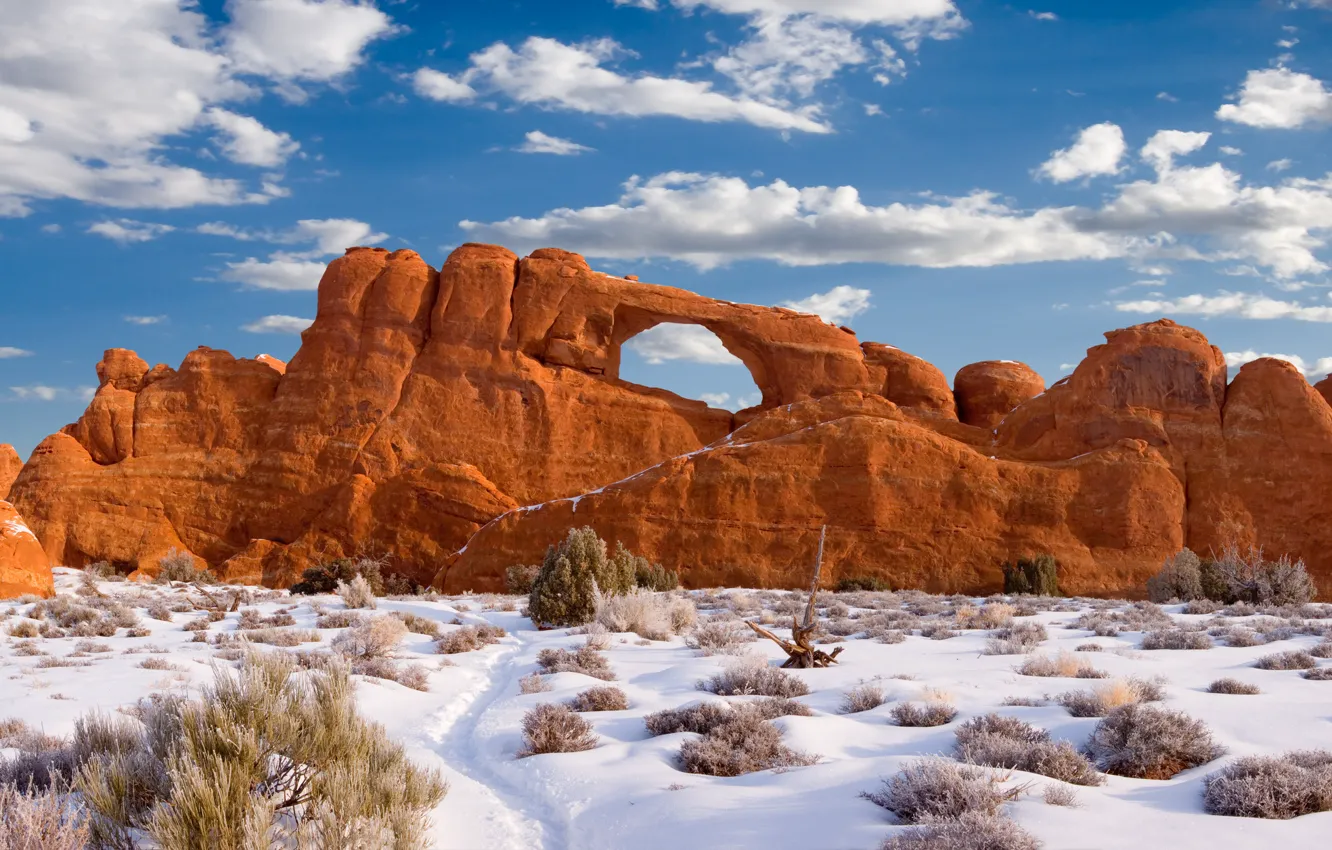 Photo wallpaper snow, nature, rocks, arch