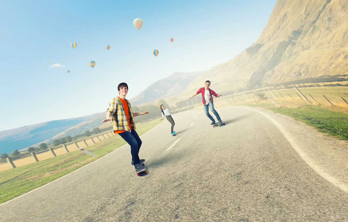 Photo wallpaper Road, Sport, Guys, Skateboard, Balloon