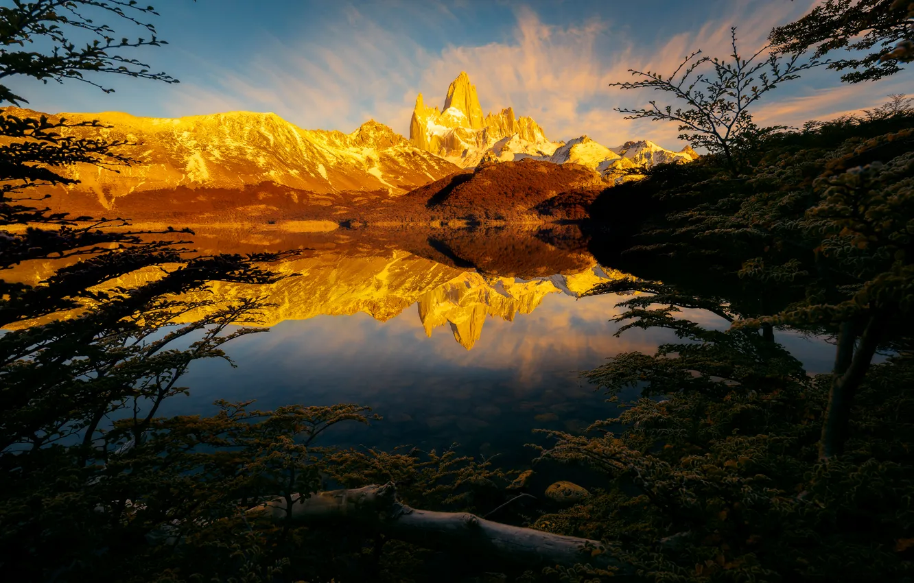 Photo wallpaper light, reflection, mountains, lake, morning, Argentina, Andes, South America