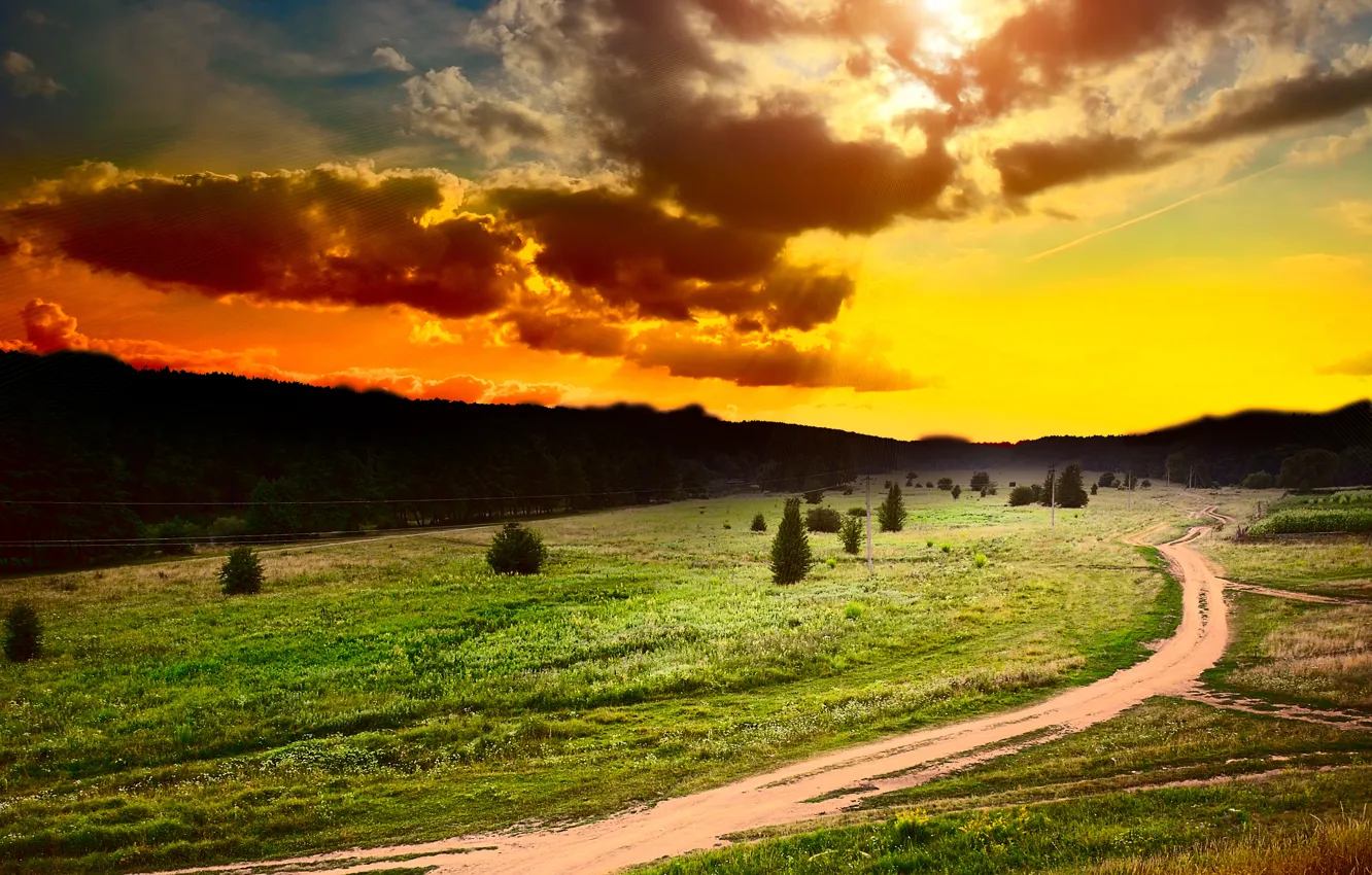Photo wallpaper road, field, forest, the sky, grass, the sun, clouds, trees