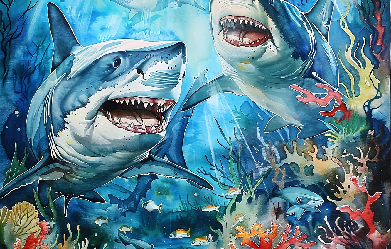Photo wallpaper predator, shark, teeth, corals, underwater world, digital art, imitation painting, AI art