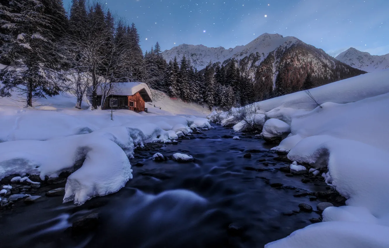 Photo wallpaper winter, snow, landscape, mountains, night, nature, stars, Austria