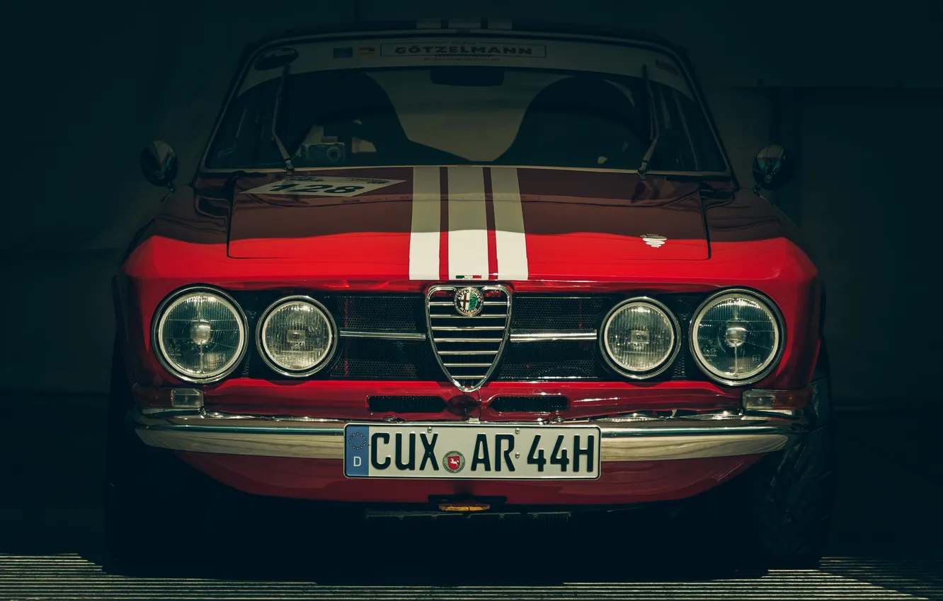 Photo wallpaper red, garage, Alfa Romeo, the front