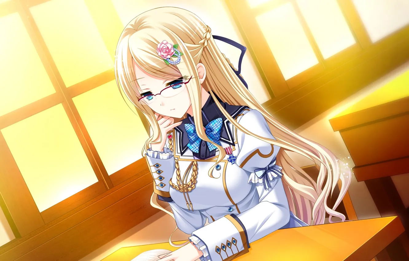 Photo wallpaper girl, sunset, glasses, book, art, reading, otome ga kanaderu koi no aria, zinno