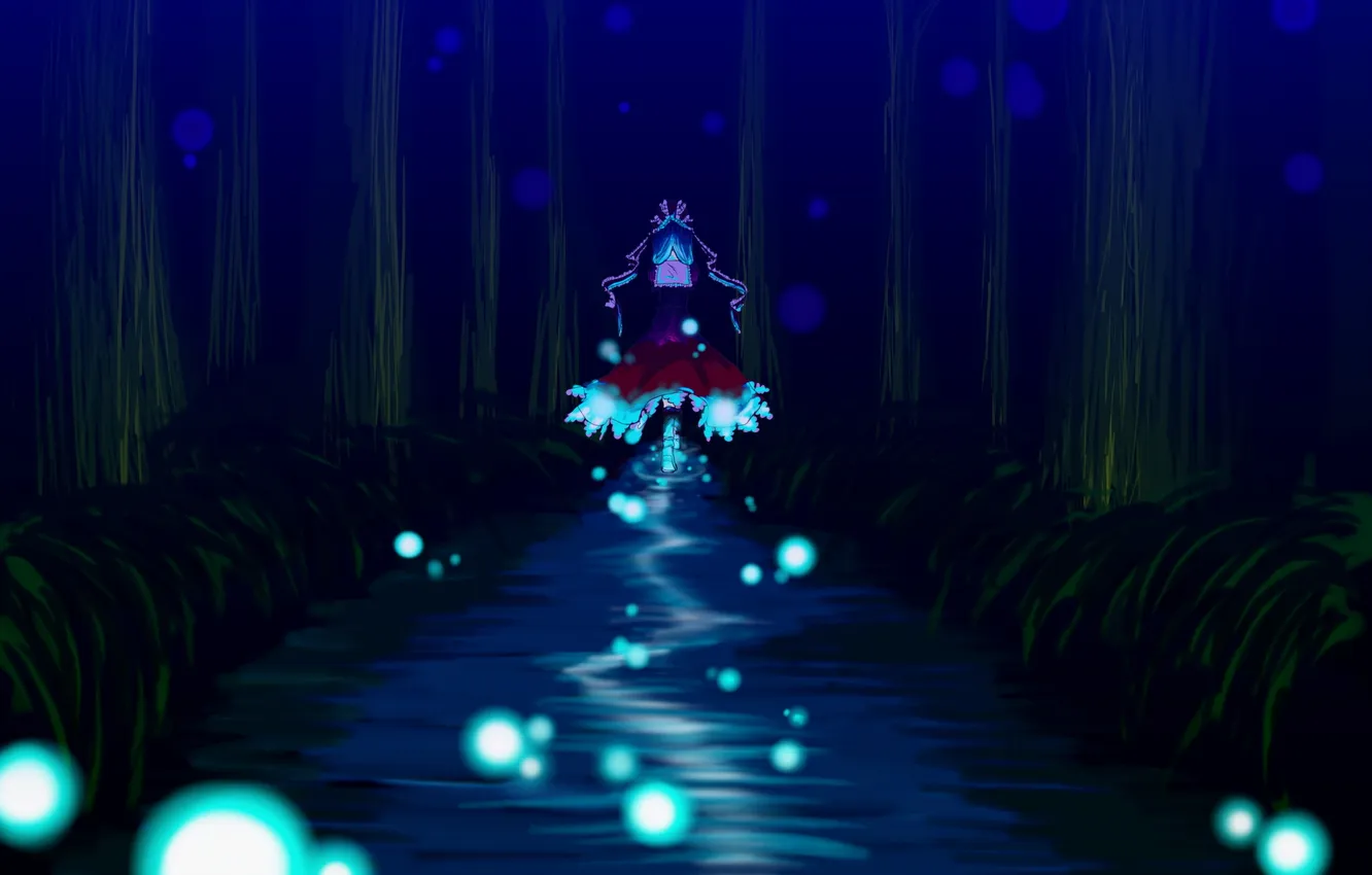 Photo wallpaper forest, girl, night, river, lights, art, touhou, Hina Kagiyama
