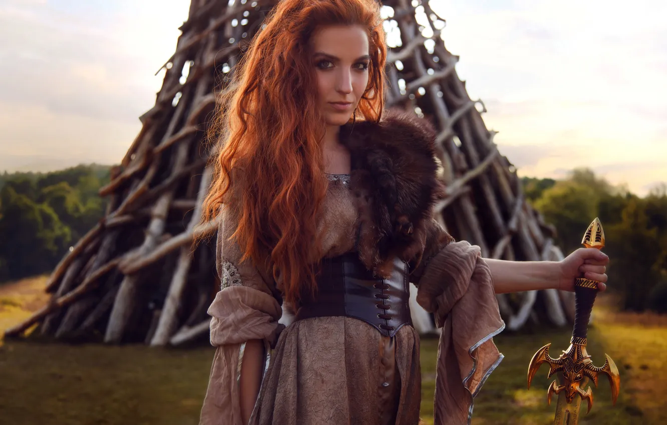 Photo wallpaper girl, sword, red