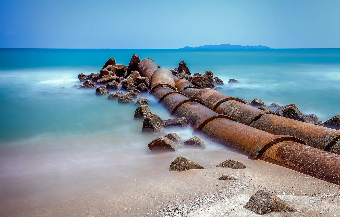 Photo wallpaper sea, the sky, stones, pipe